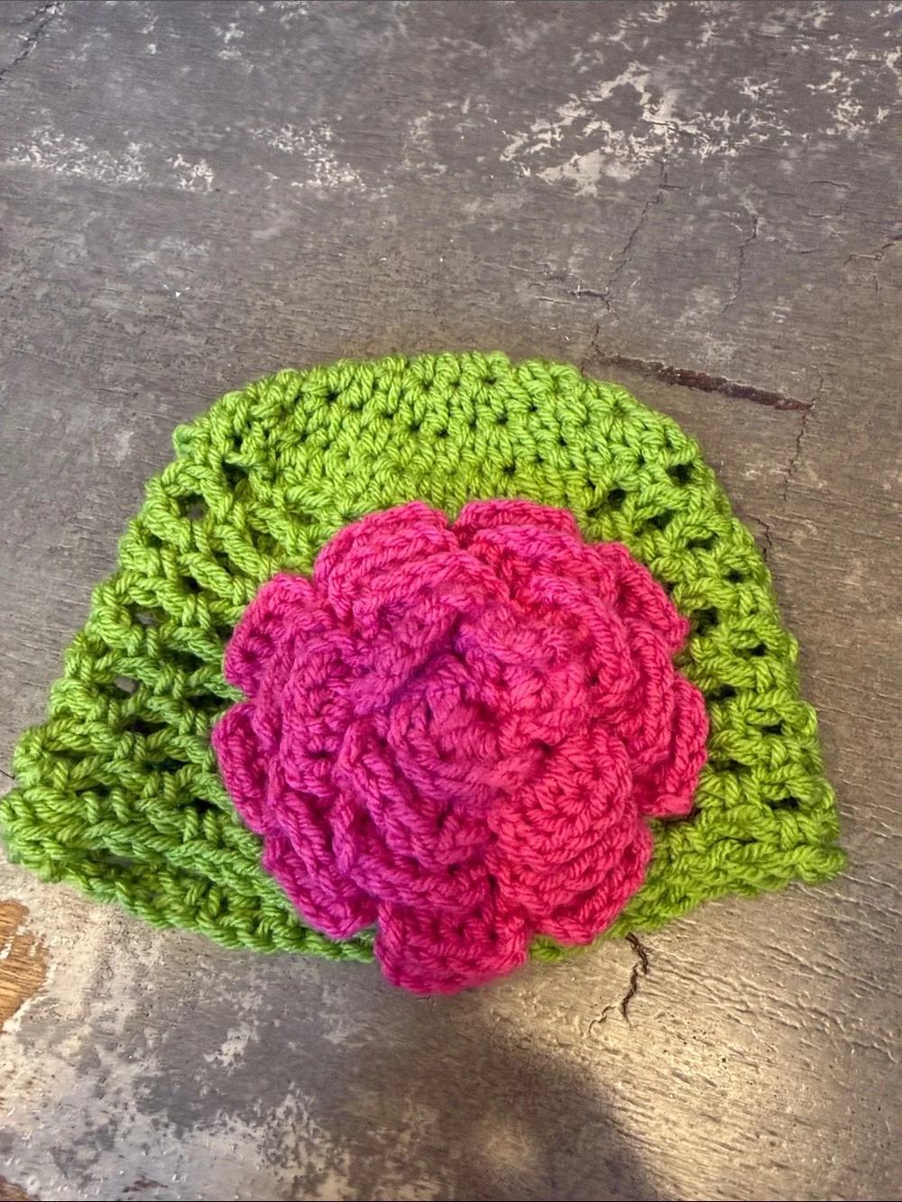 NWOT Handmade Green Crochet Beanie with Pink Flower and rhinestone Accent
